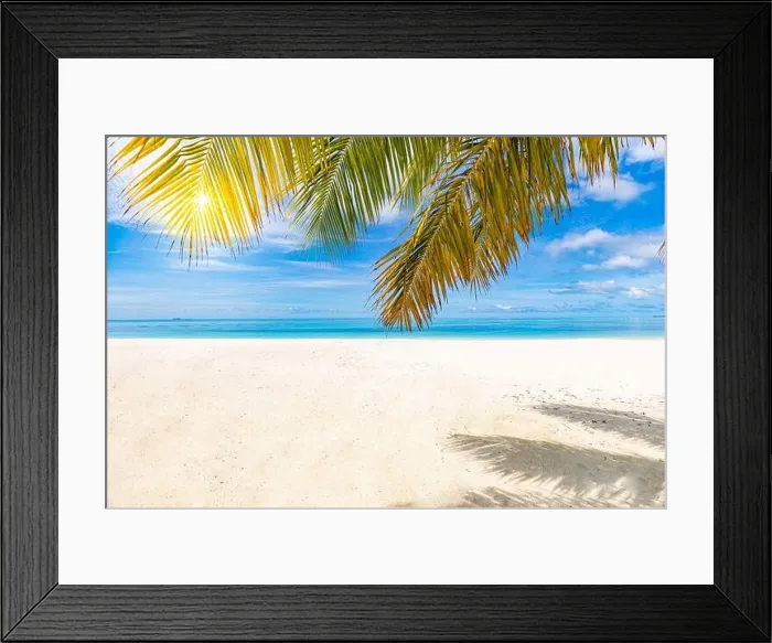 Framed Print : Palm and tropical beach, peaceful tranquil nature landscape. Seascape, white sand close to sea under blue sky. Amazing summer landscape Framed Print : Palm and tropical beach, peaceful tranquil nature landscape. Seascape, white sand close to sea under blue sky. Amazing summer landscape