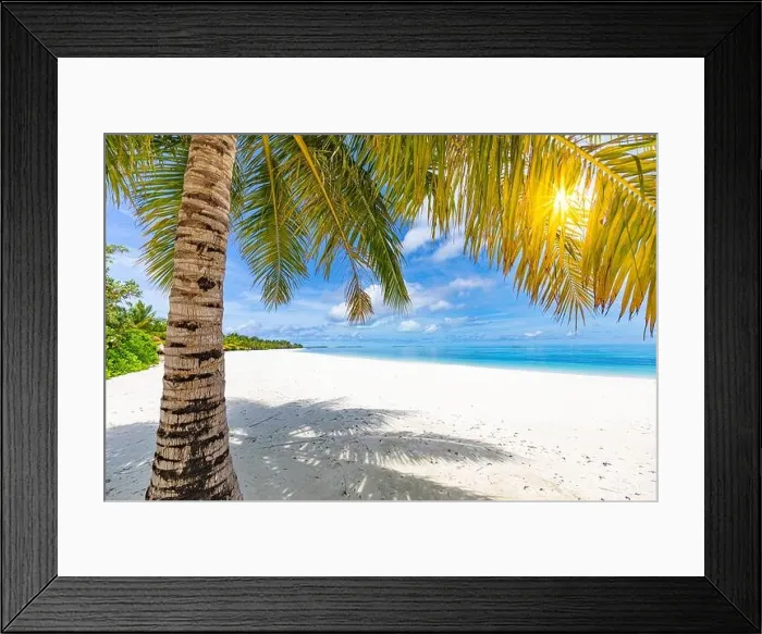 Framed Print : Palm tree leaves with sun rays on white sandy beach. Tropical nature paradise, sea view on exotic island. Relaxing, sunny tropical beach landscape Framed Print : Palm tree leaves with sun rays on white sandy beach. Tropical nature paradise, sea view on exotic island. Relaxing, sunny tropical beach landscape