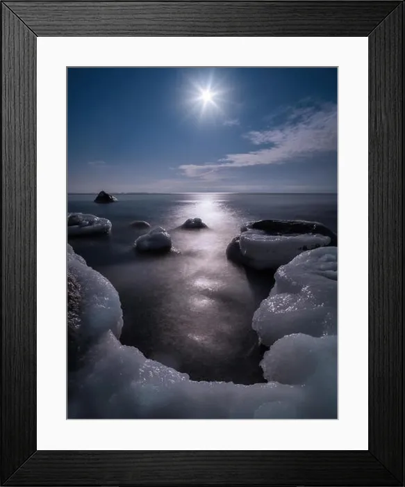 Framed Print : Scenic view with moonlight and icy sea at winter night in coastline, Finland Framed Print : Scenic view with moonlight and icy sea at winter night in coastline, Finland