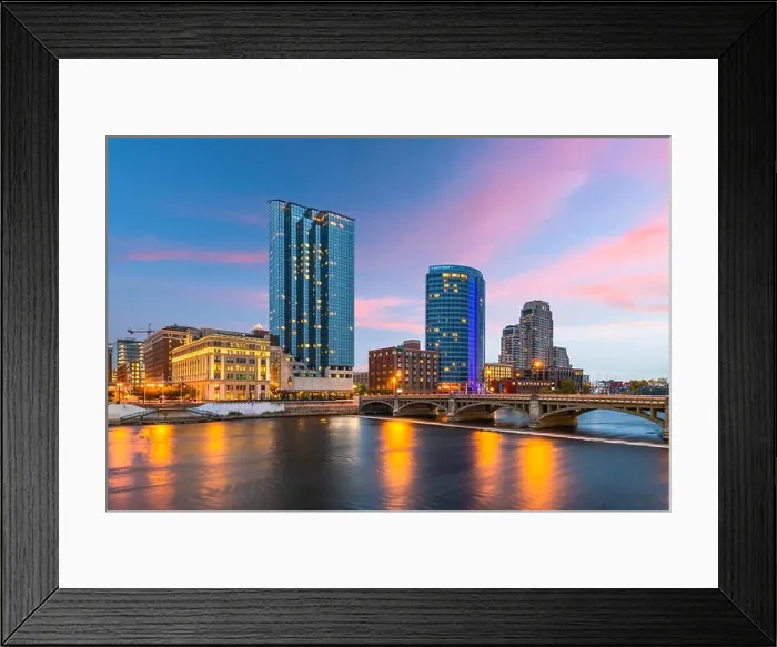 Framed Print : Grand Rapids, Michigan, USA downtown skyline on the Grand River at dusk Framed Print : Grand Rapids, Michigan, USA downtown skyline on the Grand River at dusk
