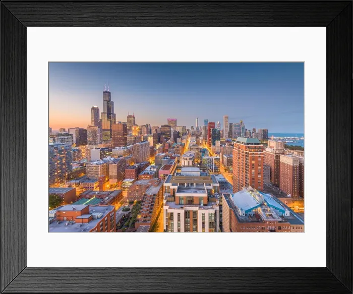 Framed Print : Chicago, Illinois, USA downtown city skyline from above at dusk Framed Print : Chicago, Illinois, USA downtown city skyline from above at dusk