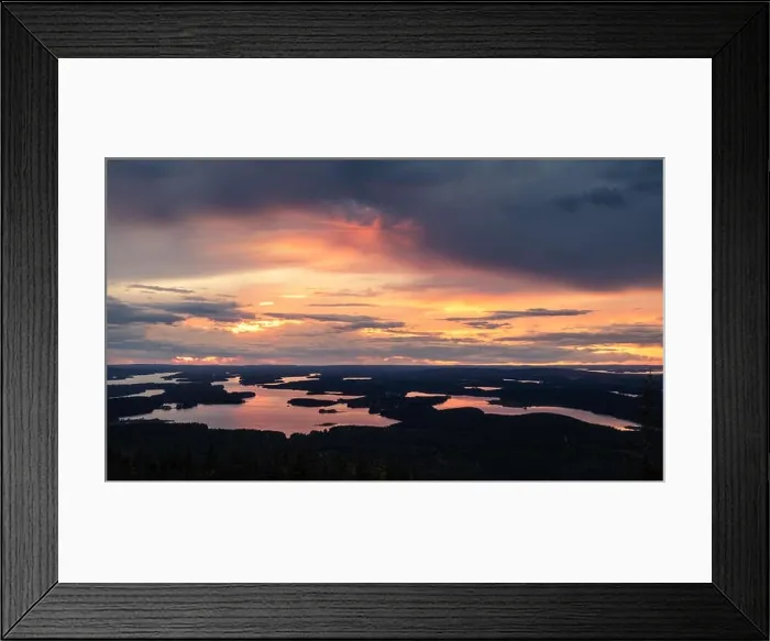 Framed Print : Scenic sunset landscape with high angle view and lakes at autumn evening in Lapland, Finland Framed Print : Scenic sunset landscape with high angle view and lakes at autumn evening in Lapland, Finland