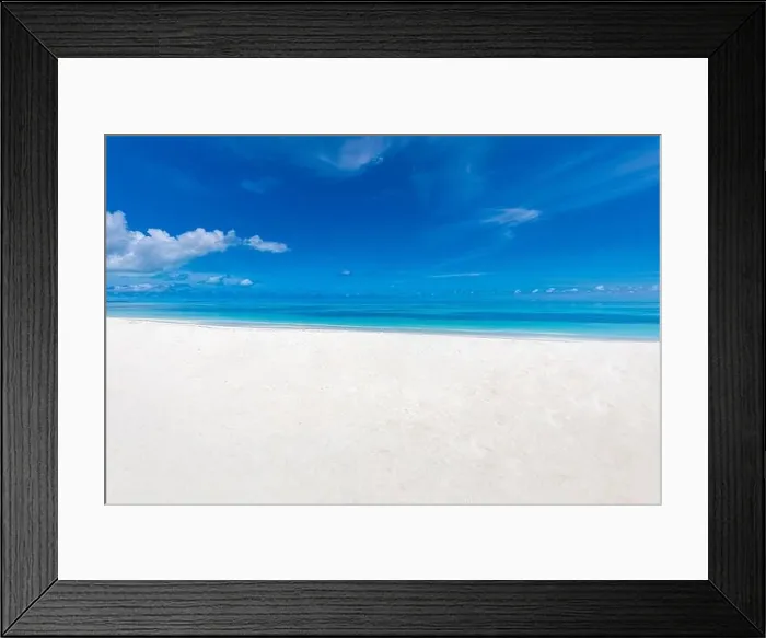Framed Print : White sand beach and blue sky. Idyllic tropical nature pattern, paradise island landscape, peaceful, tranquil scenery, Sea sand sly concept