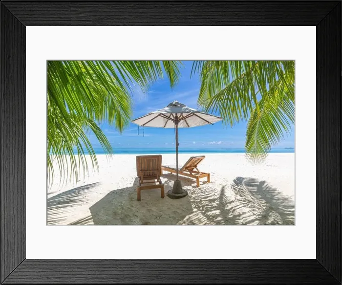 Framed Print : Perfect sunny beach. Idyllic tropical beach landscape for background. Couple honeymoon, romantic destination, freedom lounge chairs umbrella palm sand Framed Print : Perfect sunny beach. Idyllic tropical beach landscape for background. Couple honeymoon, romantic destination, freedom lounge chairs umbrella palm sand