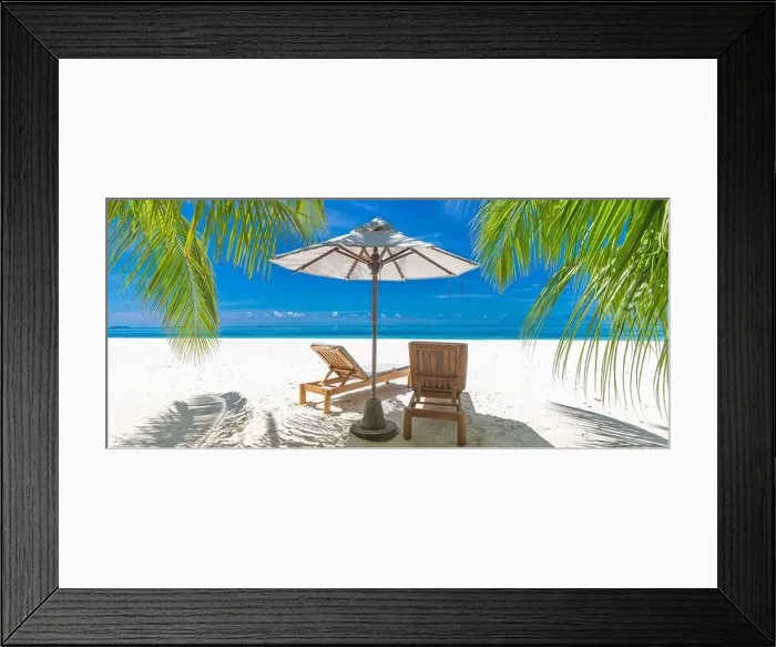 Framed Print : Perfect sunny beach. Idyllic tropical beach landscape for background. Couple honeymoon, romantic destination, freedom lounge chairs umbrella palm sand Framed Print : Perfect sunny beach. Idyllic tropical beach landscape for background. Couple honeymoon, romantic destination, freedom lounge chairs umbrella palm sand