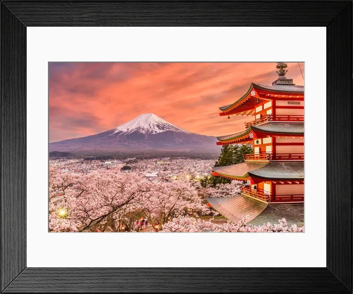 Framed Print : Fujiyoshida, Japan spring landscape with Mt. Fuji and the Peace Pagoda