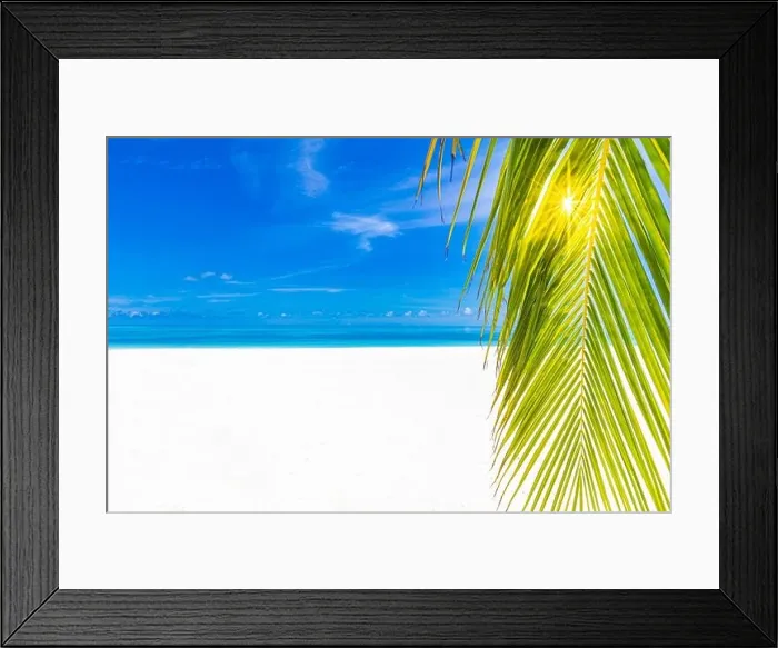 Framed Print : Palm and tropical beach, peaceful tranquil nature landscape. Seascape, white sand close to sea under blue sky. Amazing summer landscape Framed Print : Palm and tropical beach, peaceful tranquil nature landscape. Seascape, white sand close to sea under blue sky. Amazing summer landscape