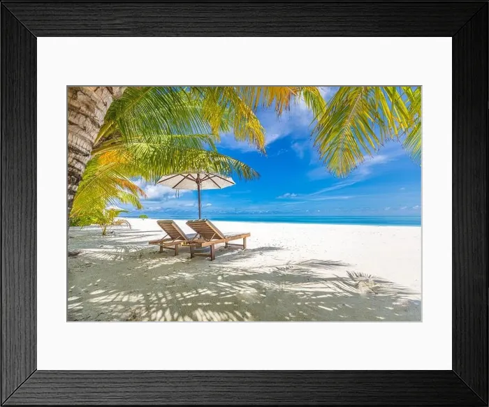 Framed Print : Perfect sunny beach. Idyllic tropical beach landscape for background. Couple honeymoon, romantic destination, freedom lounge chairs umbrella palm sand