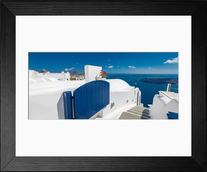 Framed Print : Santorini, Greece landscape, pool caldera view with flowers blue doors. Romantic couple destination with sunny sky, wonderful summer hotel resort Framed Print : Santorini, Greece landscape, pool caldera view with flowers blue doors. Romantic couple destination with sunny sky, wonderful summer hotel resort