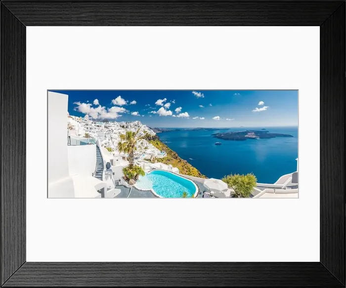 Framed Print : Santorini, Greece landscape, pool caldera view with flowers blue doors. Romantic couple destination with sunny sky, wonderful summer hotel resort Framed Print : Santorini, Greece landscape, pool caldera view with flowers blue doors. Romantic couple destination with sunny sky, wonderful summer hotel resort