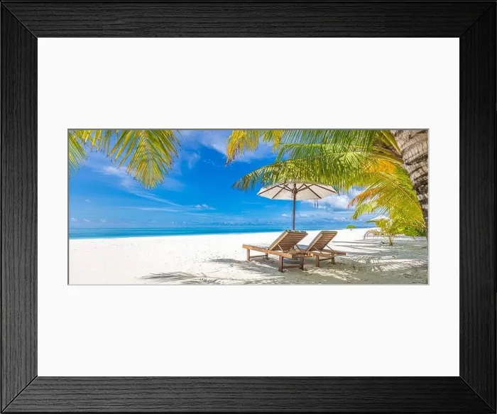 Framed Print : Perfect sunny beach. Idyllic tropical beach landscape for background. Couple honeymoon, romantic destination, freedom lounge chairs umbrella palm sand Framed Print : Perfect sunny beach. Idyllic tropical beach landscape for background. Couple honeymoon, romantic destination, freedom lounge chairs umbrella palm sand
