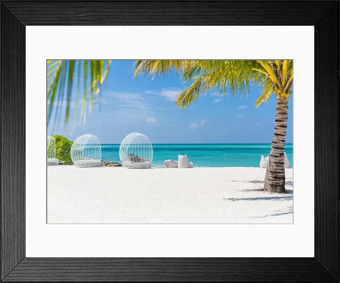 Framed Print : Tropical beach landscape with loungers and palm trees, idyllic vacation and holiday background. Best travel background Framed Print : Tropical beach landscape with loungers and palm trees, idyllic vacation and holiday background. Best travel background