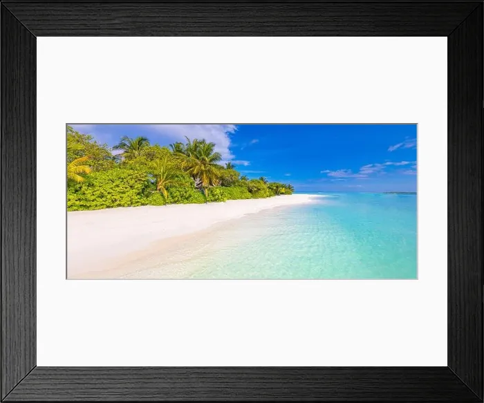 Framed Print : Stunning paradise beach. Tropical landscape of summer island scenery white sand palm trees. Luxury travel vacation destination. Exotic beach landscape Framed Print : Stunning paradise beach. Tropical landscape of summer island scenery white sand palm trees. Luxury travel vacation destination. Exotic beach landscape