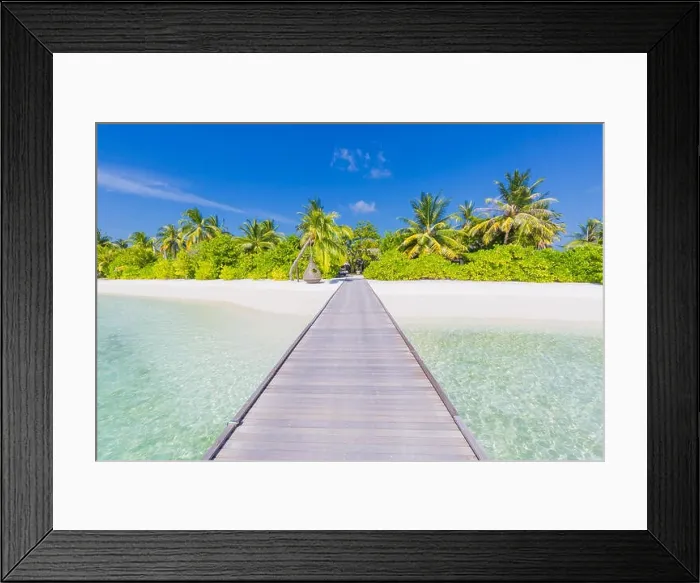 Framed Print : Amazing beach landscape, long jetty into the palm trees. Maldives, paradise beach background, design banner. Luxury vacation and holiday concept Framed Print : Amazing beach landscape, long jetty into the palm trees. Maldives, paradise beach background, design banner. Luxury vacation and holiday concept