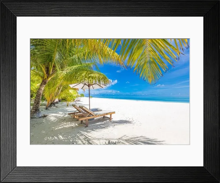 Framed Print : Perfect sunny beach. Idyllic tropical beach landscape for background. Couple honeymoon, romantic destination, freedom lounge chairs umbrella palm sand Framed Print : Perfect sunny beach. Idyllic tropical beach landscape for background. Couple honeymoon, romantic destination, freedom lounge chairs umbrella palm sand