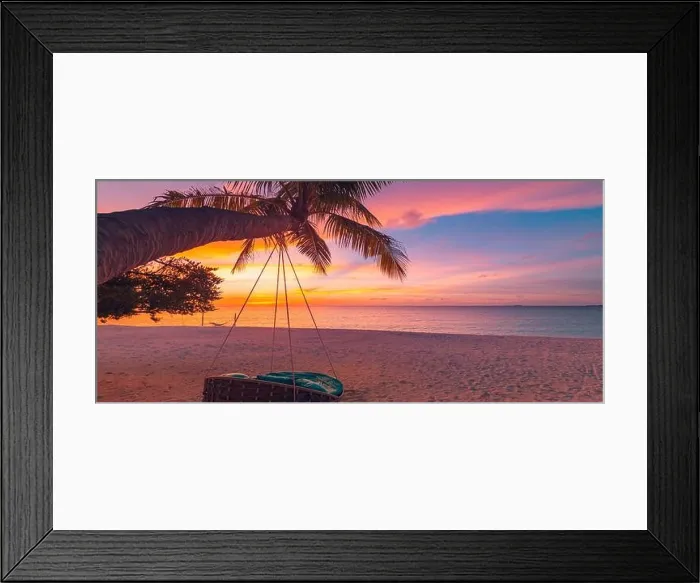 Framed Print : Tropical sunset beach background as summer coast landscape panorama with leisure beach swing on palm, white sand and calm sea beach horizon Framed Print : Tropical sunset beach background as summer coast landscape panorama with leisure beach swing on palm, white sand and calm sea beach horizon