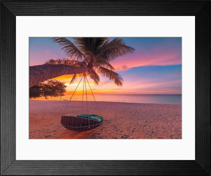 Framed Print : Tropical sunset beach background as summer coast landscape panorama with leisure beach swing on palm, white sand and calm sea beach horizon Framed Print : Tropical sunset beach background as summer coast landscape panorama with leisure beach swing on palm, white sand and calm sea beach horizon