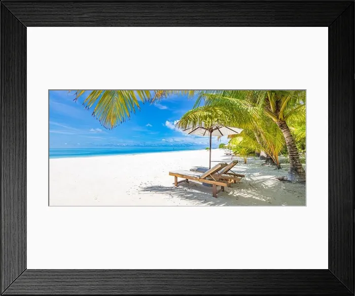 Framed Print : Perfect sunny beach. Idyllic tropical beach landscape for background. Couple honeymoon, romantic destination, freedom lounge chairs umbrella palm sand Framed Print : Perfect sunny beach. Idyllic tropical beach landscape for background. Couple honeymoon, romantic destination, freedom lounge chairs umbrella palm sand