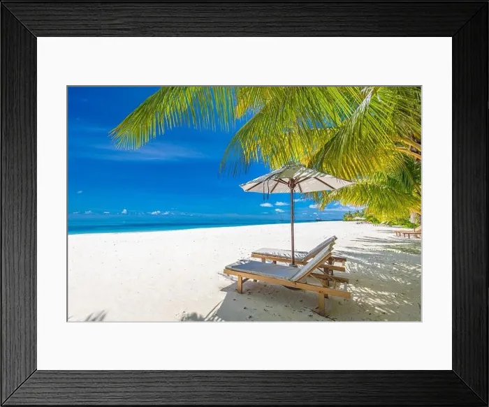 Framed Print : Perfect sunny beach. Idyllic tropical beach landscape for background. Couple honeymoon, romantic destination, freedom lounge chairs umbrella palm sand Framed Print : Perfect sunny beach. Idyllic tropical beach landscape for background. Couple honeymoon, romantic destination, freedom lounge chairs umbrella palm sand