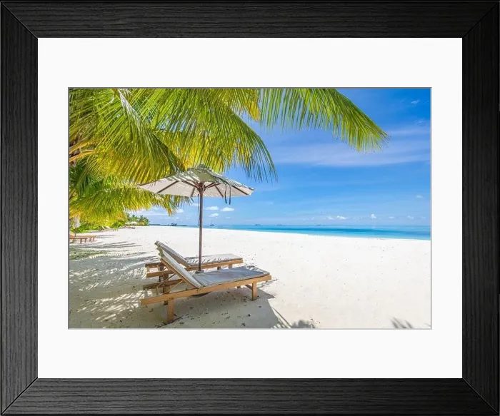 Framed Print : Perfect sunny beach. Idyllic tropical beach landscape for background. Couple honeymoon, romantic destination, freedom lounge chairs umbrella palm sand Framed Print : Perfect sunny beach. Idyllic tropical beach landscape for background. Couple honeymoon, romantic destination, freedom lounge chairs umbrella palm sand