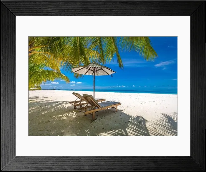 Framed Print : Perfect sunny beach. Idyllic tropical beach landscape for background. Couple honeymoon, romantic destination, freedom lounge chairs umbrella palm sand