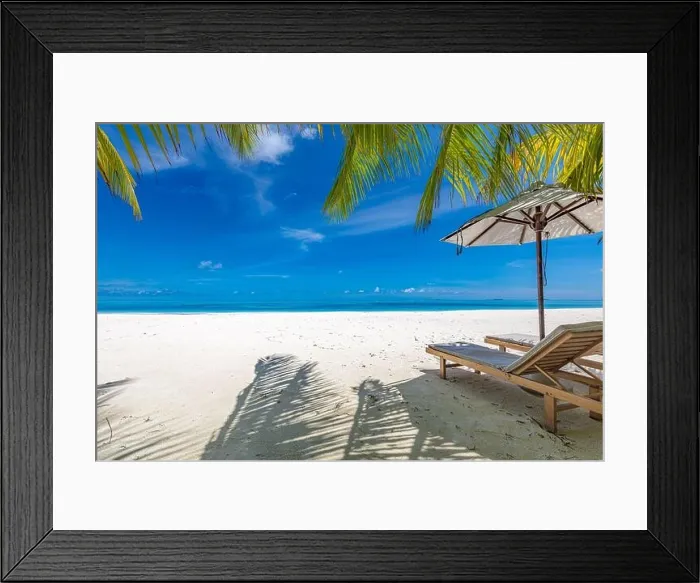 Framed Print : Perfect sunny beach. Idyllic tropical beach landscape for background. Couple honeymoon, romantic destination, freedom lounge chairs umbrella palm sand Framed Print : Perfect sunny beach. Idyllic tropical beach landscape for background. Couple honeymoon, romantic destination, freedom lounge chairs umbrella palm sand