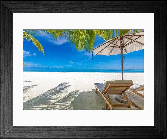 Framed Print : Perfect sunny beach. Idyllic tropical beach landscape for background. Couple honeymoon, romantic destination, freedom lounge chairs umbrella palm sand