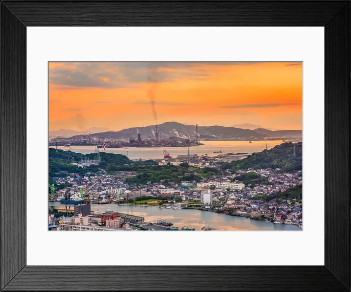 Framed Print : Shimonoseki, Yamaguchi, Japan skyline over the straits with industrial areas Framed Print : Shimonoseki, Yamaguchi, Japan skyline over the straits with industrial areas