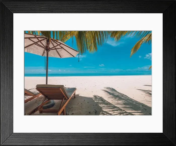 Framed Print : Perfect sunny beach. Idyllic tropical beach landscape for background. Couple honeymoon, romantic destination, freedom lounge chairs umbrella palm sand