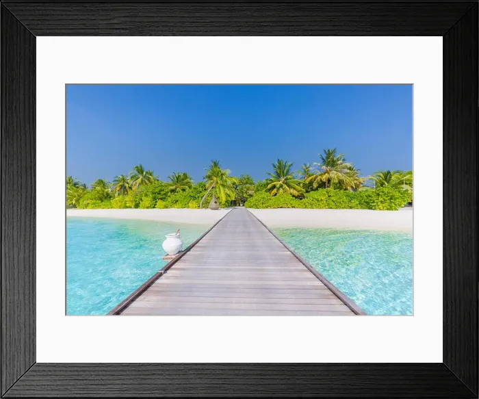 Framed Print : Amazing beach landscape, long jetty into the palm trees. Maldives, paradise beach background, design banner. Luxury vacation and holiday concept Framed Print : Amazing beach landscape, long jetty into the palm trees. Maldives, paradise beach background, design banner. Luxury vacation and holiday concept