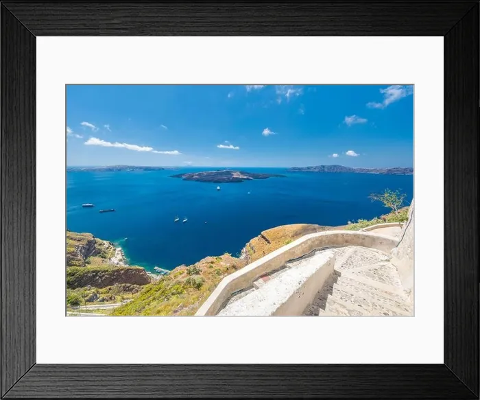 Framed Print : Stairs from Santorini caldera, view of blue sea bay. Amazing travel landscape, summer vacation, boats in volcano bay Framed Print : Stairs from Santorini caldera, view of blue sea bay. Amazing travel landscape, summer vacation, boats in volcano bay