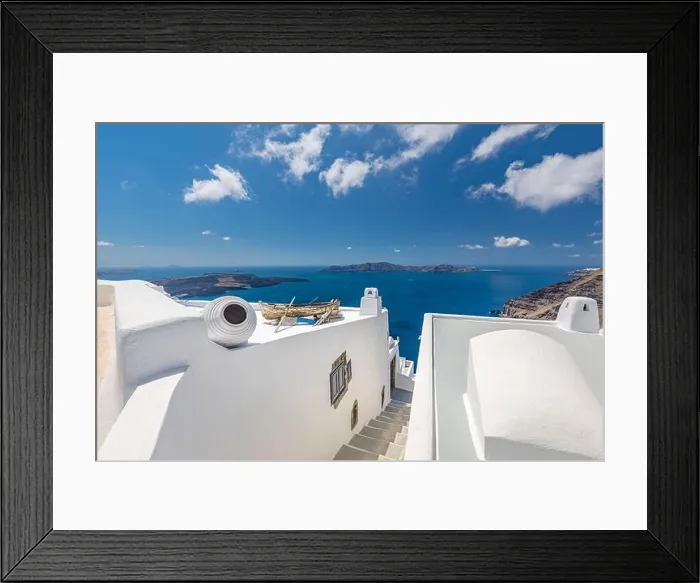Framed Print : White architecture on Santorini island, Greece. Beautiful landscape, sea view. Luxury summer travel background, romantic vacation, amazing scenery Framed Print : White architecture on Santorini island, Greece. Beautiful landscape, sea view. Luxury summer travel background, romantic vacation, amazing scenery