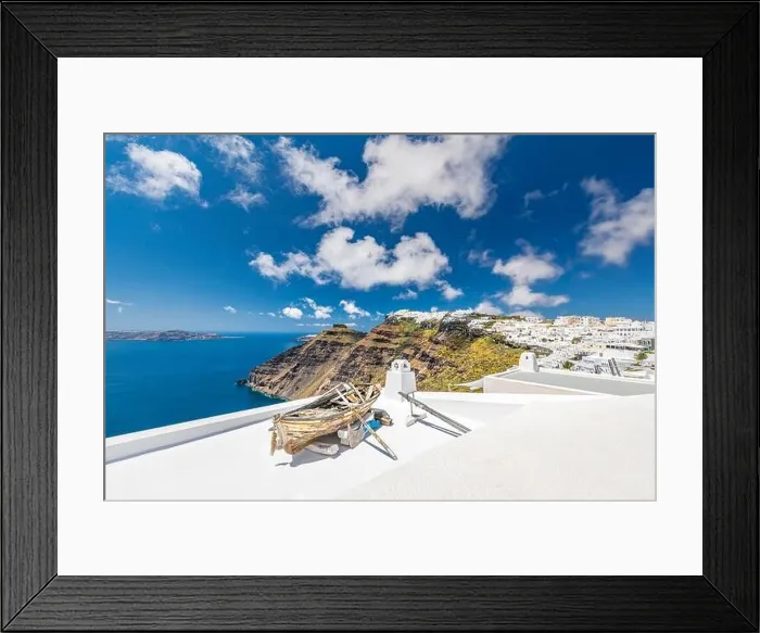 Framed Print : Amazing view of tourism destination Greece, Europe. Traveling concept background. White architecture, blue sea view summer vacation landscape banner Framed Print : Amazing view of tourism destination Greece, Europe. Traveling concept background. White architecture, blue sea view summer vacation landscape banner