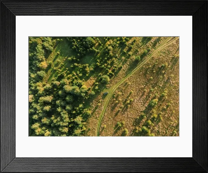 Framed Print : Aerial View Of Car Near Country Road Thgrough Forest And Green Meadow Landscape In Sunny Summer Morning. Top View Of Beautiful European Nature From Framed Print : Aerial View Of Car Near Country Road Thgrough Forest And Green Meadow Landscape In Sunny Summer Morning. Top View Of Beautiful European Nature From