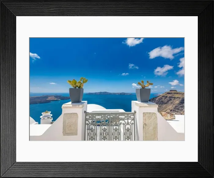 Framed Print : Santorini blue sea view over iron gate and flowers, white architecture and traditional Greece summer landscape. Luxurious travel vacation concept Framed Print : Santorini blue sea view over iron gate and flowers, white architecture and traditional Greece summer landscape. Luxurious travel vacation concept
