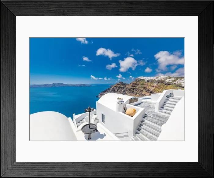 Framed Print : White architecture on Santorini island, Greece. Beautiful landscape, sea view. Luxury summer travel background, romantic vacation, amazing scenery Framed Print : White architecture on Santorini island, Greece. Beautiful landscape, sea view. Luxury summer travel background, romantic vacation, amazing scenery