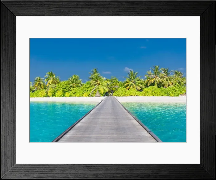 Framed Print : Amazing beach landscape, long jetty into the palm trees. Maldives, paradise beach background, design banner. Luxury vacation and holiday concept Framed Print : Amazing beach landscape, long jetty into the palm trees. Maldives, paradise beach background, design banner. Luxury vacation and holiday concept