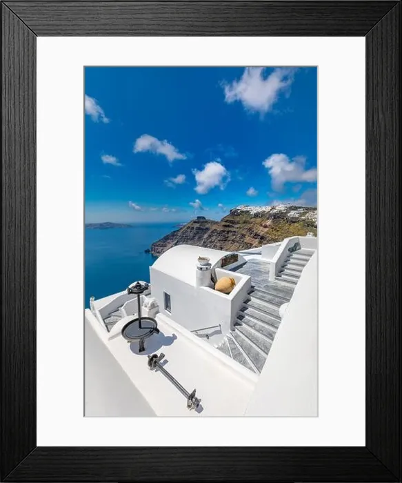 Framed Print : White architecture on Santorini island, Greece. Beautiful landscape, sea view. Luxury summer travel background, romantic vacation, amazing scenery Framed Print : White architecture on Santorini island, Greece. Beautiful landscape, sea view. Luxury summer travel background, romantic vacation, amazing scenery