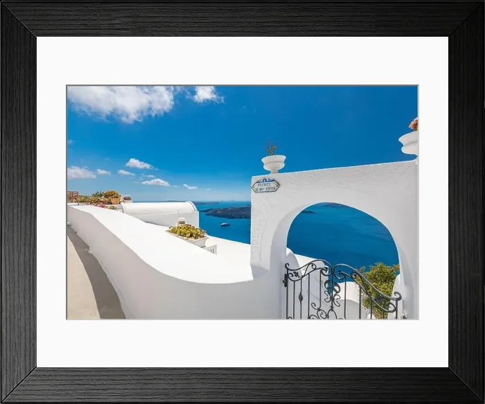 Framed Print : White architecture on Santorini island, Greece. Beautiful landscape, sea view. Luxury summer travel background, romantic vacation, amazing scenery Framed Print : White architecture on Santorini island, Greece. Beautiful landscape, sea view. Luxury summer travel background, romantic vacation, amazing scenery