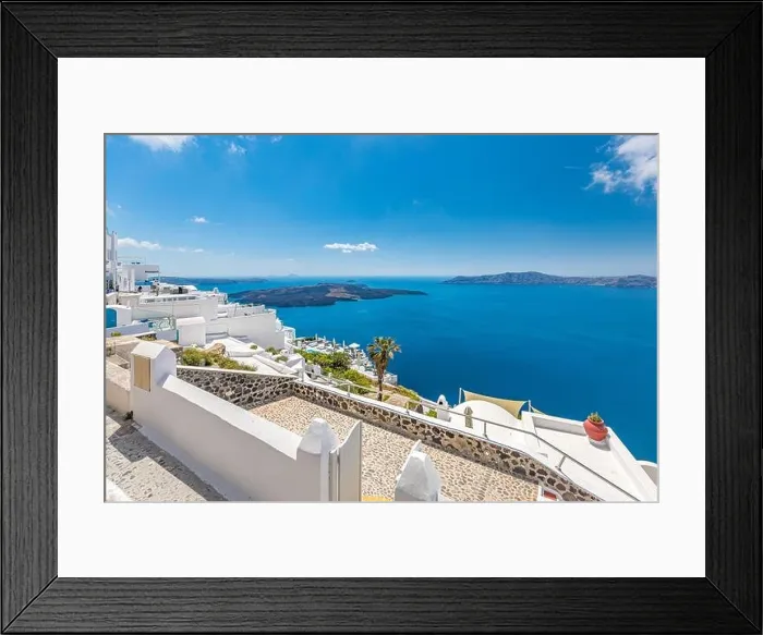 Framed Print : White architecture on Santorini island, Greece. Beautiful landscape, sea view. Luxury summer travel background, romantic vacation, amazing scenery
