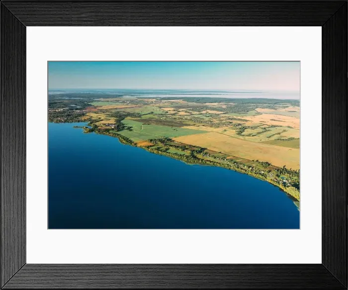 Framed Print : Lyepyel District, Vitebsk Region, Belarus. Aerial View Of Residential Area With Houses In Countryside. Morning Fog Above Lepel Lake And Town Skyline