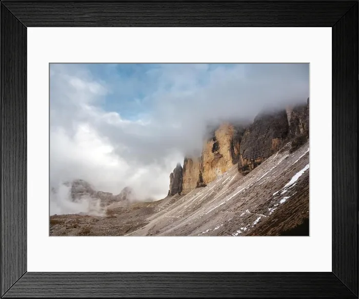 Framed Print : Incredible view of the Three Peaks of Lavaredo in morning fog. National Park Tre Cime di Lavaredo, Dolomite Alps mountains Framed Print : Incredible view of the Three Peaks of Lavaredo in morning fog. National Park Tre Cime di Lavaredo, Dolomite Alps mountains
