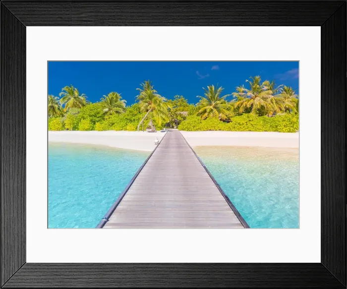 Framed Print : Amazing beach landscape, long jetty into the palm trees. Maldives, paradise beach background, design banner. Luxury vacation and holiday concept Framed Print : Amazing beach landscape, long jetty into the palm trees. Maldives, paradise beach background, design banner. Luxury vacation and holiday concept