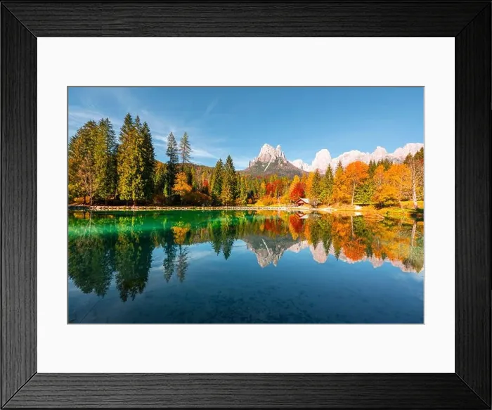 Framed Print : Picturesque view at autumn Welsperg lake in Dolomite Alps. Canali Valley, Primiero San Martino di Castrozza, Province of Trento, Italy Framed Print : Picturesque view at autumn Welsperg lake in Dolomite Alps. Canali Valley, Primiero San Martino di Castrozza, Province of Trento, Italy