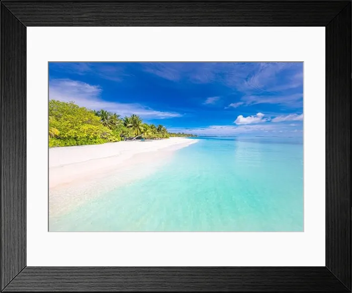 Framed Print : Paradise island beach landscape. Calm sea view with white sand shore, coast. Tranquil tropical landscape, exotic beach palm trees and nature seascape Framed Print : Paradise island beach landscape. Calm sea view with white sand shore, coast. Tranquil tropical landscape, exotic beach palm trees and nature seascape