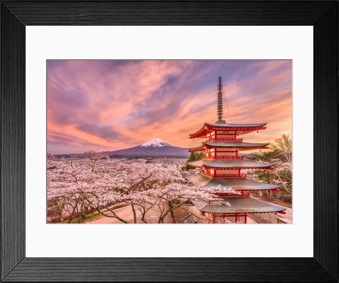 Framed Print : Fujiyoshida, Japan view of Mt. Fuji and pagoda in spring season Framed Print : Fujiyoshida, Japan view of Mt. Fuji and pagoda in spring season