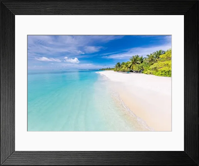Framed Print : Paradise island beach landscape. Calm sea view with white sand shore, coast. Tranquil tropical landscape, exotic beach palm trees and nature seascape Framed Print : Paradise island beach landscape. Calm sea view with white sand shore, coast. Tranquil tropical landscape, exotic beach palm trees and nature seascape