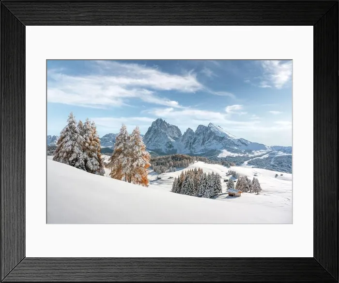 Framed Print : Picturesque landscape with small wooden house, cottage or log cabins on meadow Alpe di Siusi, Seiser Alm, Dolomites, Italy Framed Print : Picturesque landscape with small wooden house, cottage or log cabins on meadow Alpe di Siusi, Seiser Alm, Dolomites, Italy