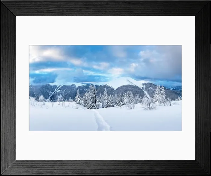Framed Print : Fantastic winter landscape panorama with snowy trees and snowy peaks. Carpathian mountains, Ukraine. Christmas holiday background