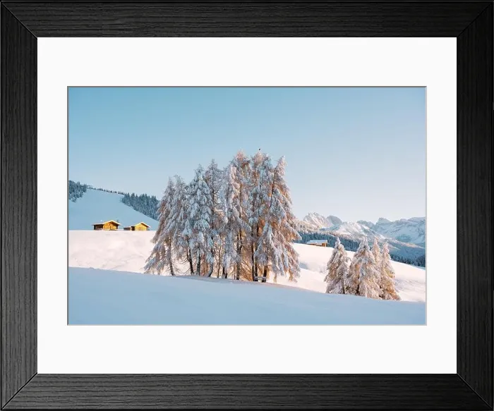 Framed Print : Picturesque landscape with small wooden house, cottage or log cabins on meadow Alpe di Siusi, Seiser Alm, Dolomites, Italy